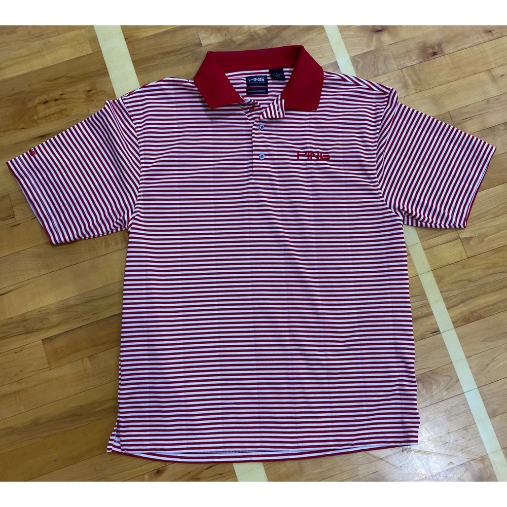 Ping Collection Mens Large Red White Striped Golf Polo‎ Shirt Dry Fiber Dynamics